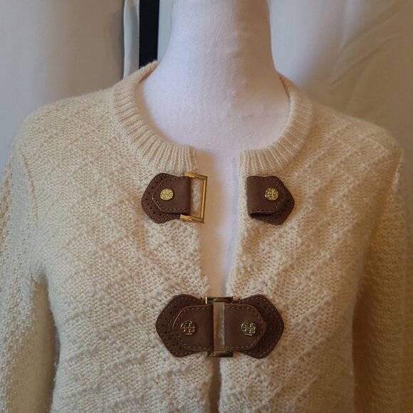 Woman's L/S Tori Burch Sweater Leather trim snaps Alpaca blend - M - Picture 2 of 12